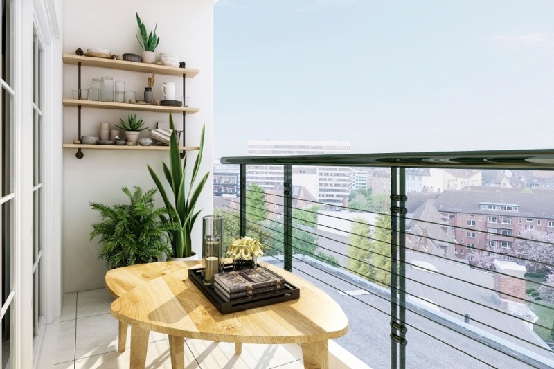 balcony with desk and plants