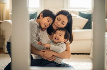 mother with her two childrne enjoying a hug